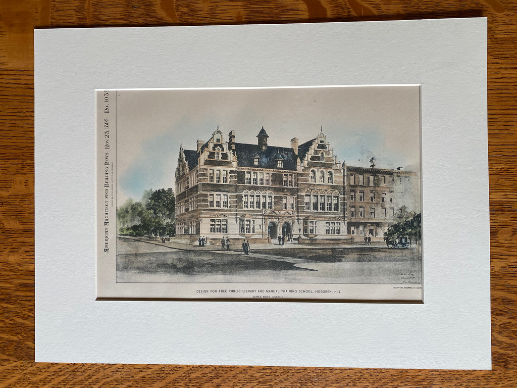 Library & Manual Training School, Hoboken, NJ, 1895, Original Hand Colored -