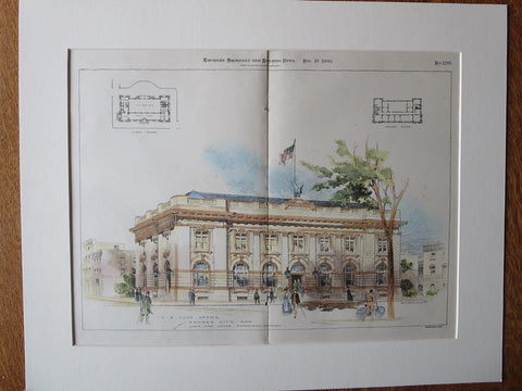 US Post Office, Kansas City, Kansas, 1900, J. Taylor, Original Plan Hand Colored