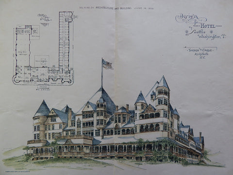 Hotel, Seattle, WA, 1890, Youngs & Cable, Original Plan, Hand Colored