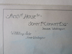 John Conant House, Seattle, WA, 1890. W. Skillings, Original Plan Hand Colored