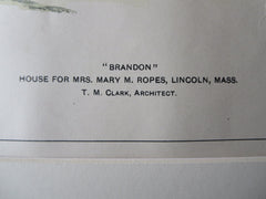 'Brandon', Mrs. Mary Ropes House, Lincoln, MA, 1900, Original Plan. T.M. Clark