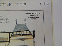 Orange Music Hall, Orange, NJ, 1880, Silliman & Farnsworth, Original Plan