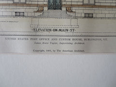 US Post Office, Burlington, VT, 1905, J Knox Taylor, Original Plan Hand Colored