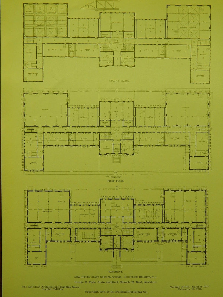 Floor Plans, State Normal School, Montclair Heights, NJ, 1908, George E. Poole.