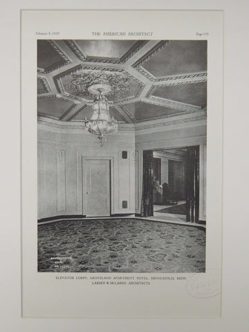 Elevator Lobby, Groveland Apartment Hotel, Minneapolis, MN, 1929, Lithograph. Larsen & McLaren.