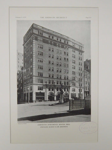 Ashburton Apartments, Boston, MA, 1929, Lithograph. Strickland, Blodget & Law.