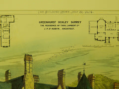 Greenhurst, Residence of Thos. Lambert, Ockley, Surrey, UK, 1874, Original Plan. J. P. St. Aubyn.