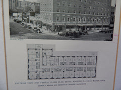 Hotel Roosevelt, Exterior, Cedar Rapids, IA,1928, Lithograph. Krenn & Beidler.