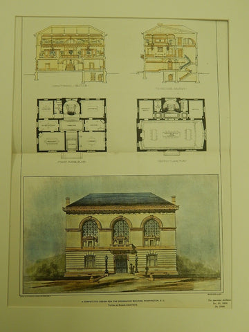 Competitive Design for Geographic Building, Washington D.C., 1901. Original Plan. Totten & Rogers.