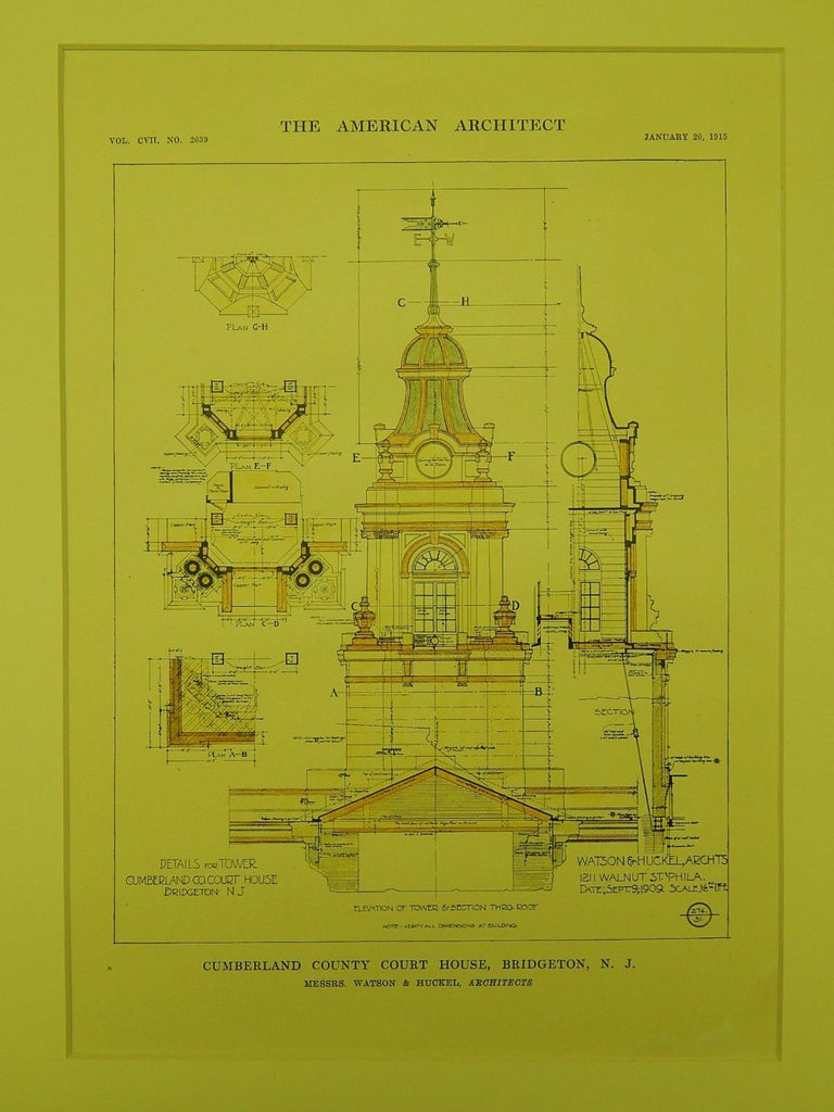 Tower Details: Cumberland County Court House in Bridgeton NJ, 1915. Watson & Huckel