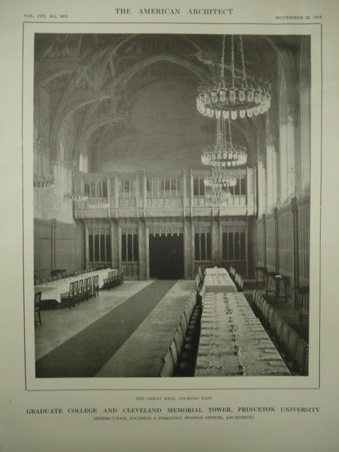 Great Hall, looking east of the Graduate College and Cleveland Memorial Tower at Princeton University, Princeton, NJ, 1913, Cram, Goodhue & Ferguson