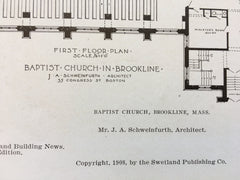 Baptist Church, Brookline, MA, 1908, J. A. Schweinfurth, Original, Hand Colored -