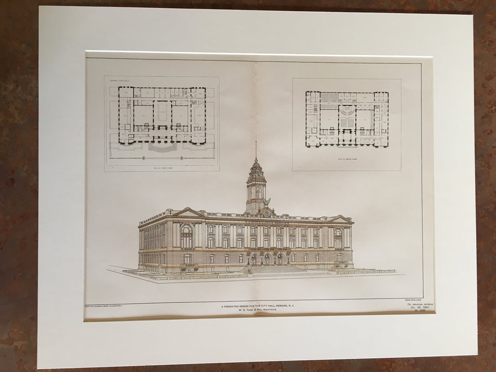 City Hall, Newark, NJ, 1901, W B Tubby, Architect, Original Hand Colored -