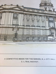 City Hall Design, Newark, NJ, 1901, C L Roos, Original Hand Colored -