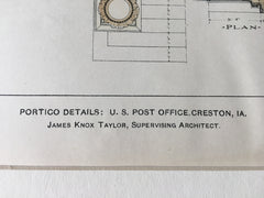 Post Office, Portico Details, Creston, IA, 1902, Original Hand Colored -