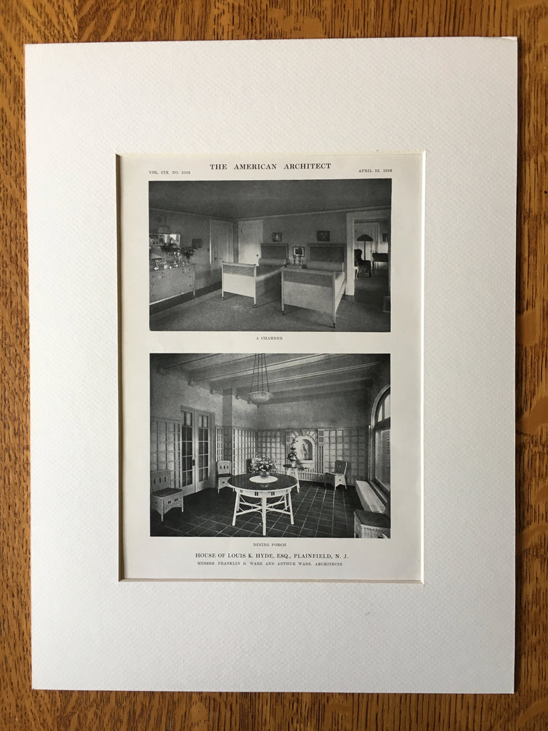 Chamber & Dining Porch, Louis K Hyde House, Plainfield, NJ, 1916, Lithograph