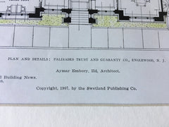 Palisades Trust & Guaranty, Englewood, NJ, 1907, Original Hand Colored -