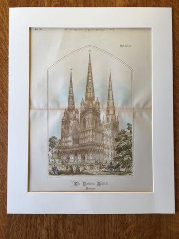 Cathedral Litchfield, Staffordshire, England, UK, 1888, Original Hand Colored -