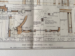 Post Office, Interior Details, Oklahoma City, OK, 1912, Hand Colored Original -