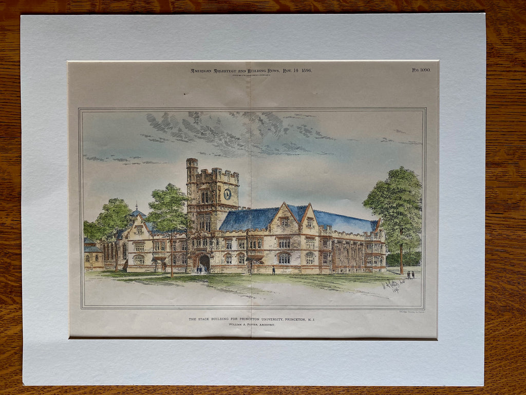 Stack Building, Princeton University, NJ, 1896, Wm Potter, Hand Colored Original -