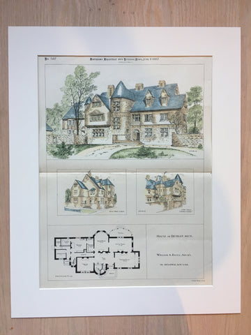 House, Detroit, Michigan, 1887, William A Bates, Architect, Original Plan Hand Colored