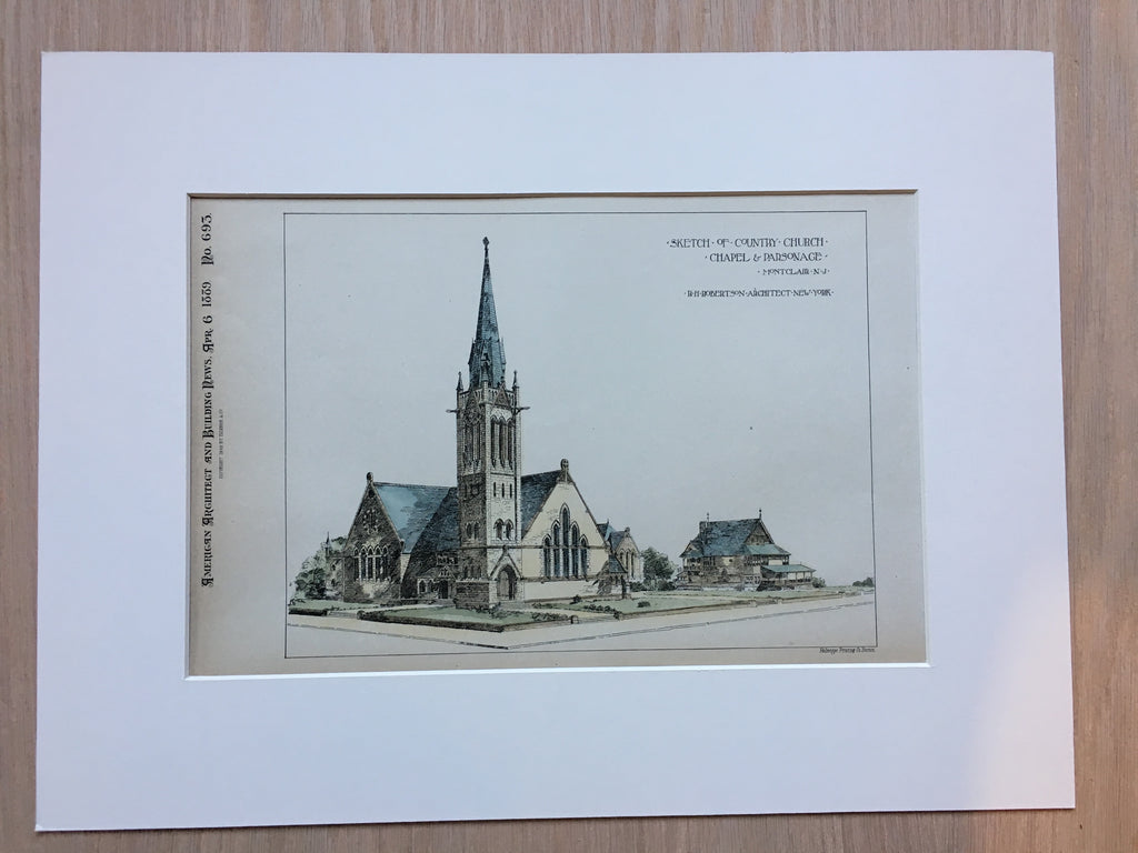 Country Church Chapel, Montclair, NJ, 1889, R H Robertson, Hand Colored Original