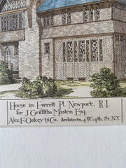 J Griffiths Masten House, Newport, RI, 1883, A F Oakey, Original Hand Colored -