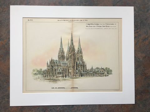 Cathedral of St John the Divine, NY, 1891, Potter & Robertson, Hand Colored