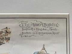 Ames Building, Bedford & Kingston Sts, Boston, MA, 1884, Original Hand Colored -