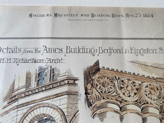 Ames Building, Details, Bedford & Kingston, Boston, 1884, Original Hand Colored -