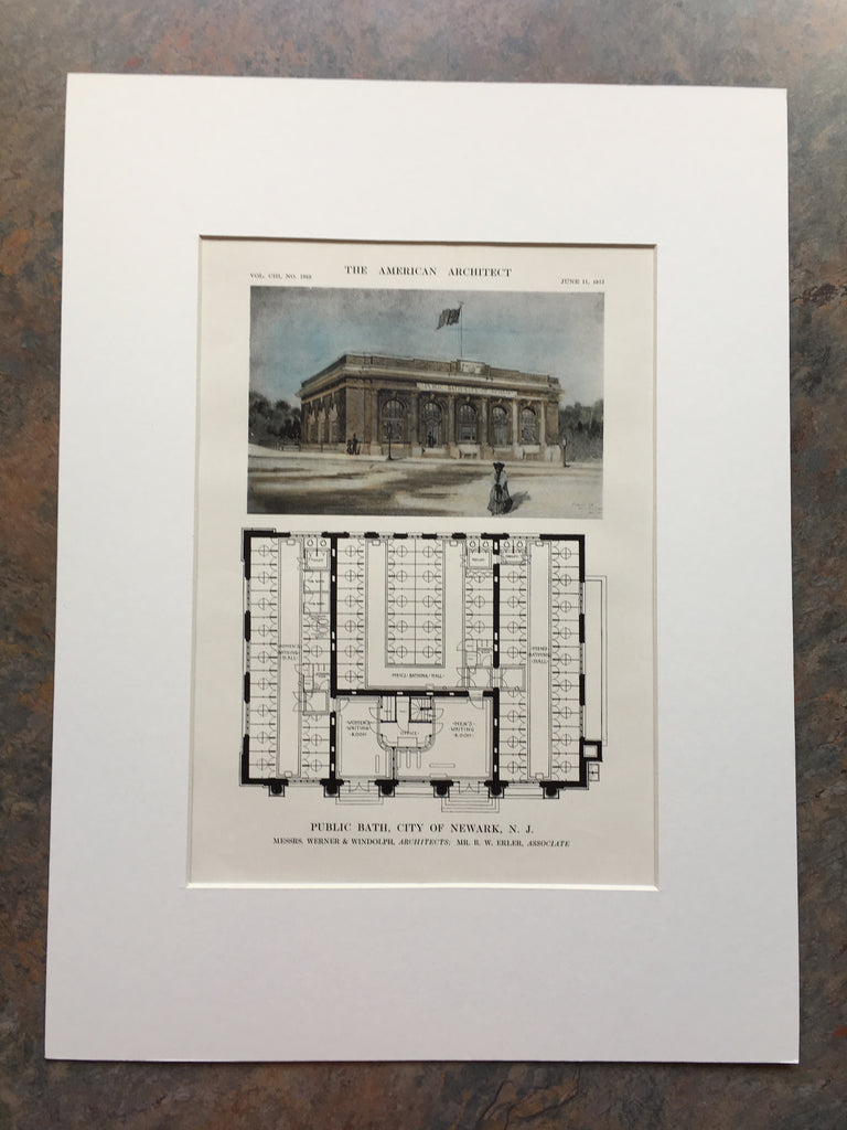 Public Bath, Newark, NJ, 1913, Werner and Windolph, Original Hand Colored *