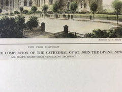 Cathedral of St John the Divine, NY, NE View, 1913, Cram, Original Hand Colored *