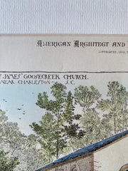 St. James Goosecreek Church, Charleston, SC, 1886, Original Hand Colored -