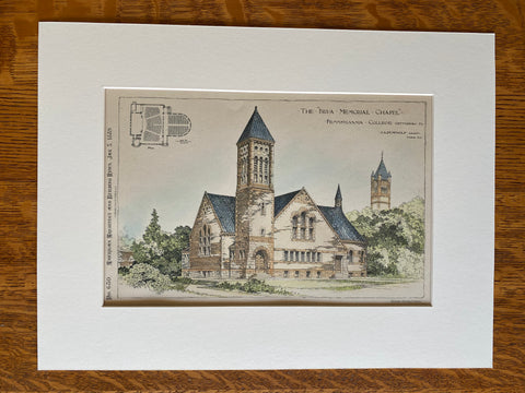 Brua Memorial Chapel, Penn College, Gettysburg, PA, 1889, Hand Colored, Original -