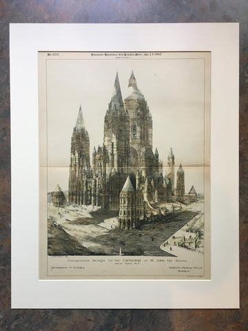 Cathedral of St John the Divine, NY, 1892, W H Wood, Original Hand Colored *