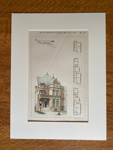 House Designed by M J Dimmock, Richmond, VA, 1887, Original Hand Colored -