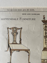 Chippendale Furniture, 1887, Original Hand Colored -