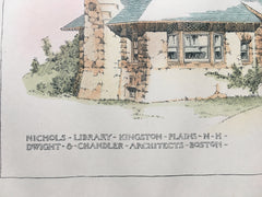 Nichols Library, Kingston Plaines, NH, 1897, Original Hand Colored *
