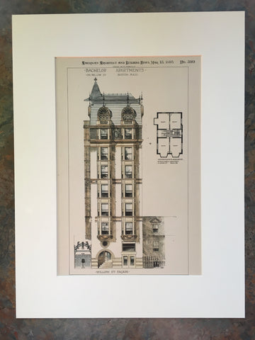 Bachelor Apartments, Willow Street, Boston, MA, 1893, Original Hand Colored *
