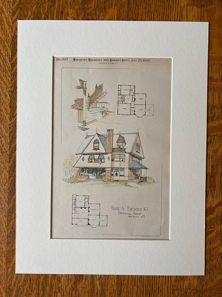 House at Ridgefield, New Jersey, 1891, F W Beall, Original Hand Colored -