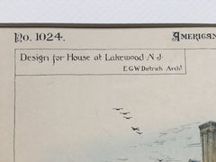 House at Lakewood, New Jersey, 1895, E G W Dietrich, Original, Hand Colored -