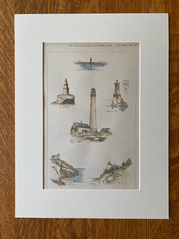 Lighthouses of Maine; Bass Harbor, Halfway Rock etc, 1890, Original Hand Colored -
