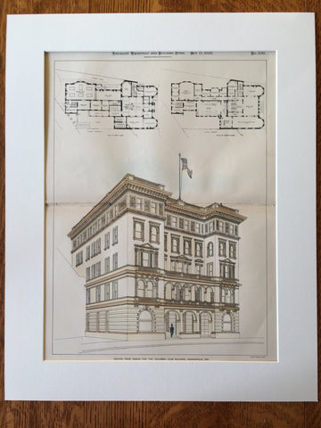 Columbia Club Building, Indianapolis, IN, 1898, W Swasey, Original Hand Colored -