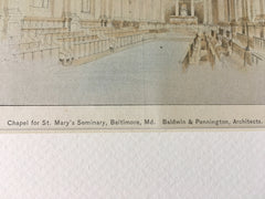 Chapel, St Mary's Seminary, Baltimore, MD, 1897, Hand Colored Original -
