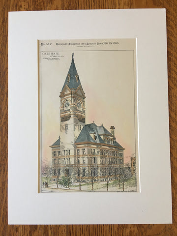 Court House, Clarion, PA, 1886, E M Butz, Original Hand Colored -