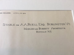 Stable for A A Buell, Burlington, VT, 1890, Original Hand Colored -