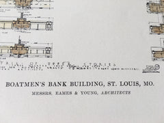 Boatmen's Bank, Detail, St Louis, MO, 1915, Eames & Young, Hand Colored Original -