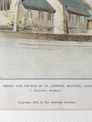 Church of St Andrew, Manitou, CO, 1905, T MacLaren, Hand Colored Original -