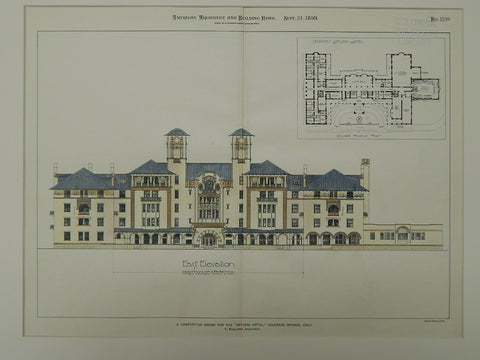 Antlers Hotel Competitive Design, Colorado Springs, CO, 1899, Original Plan. T. McLaren.