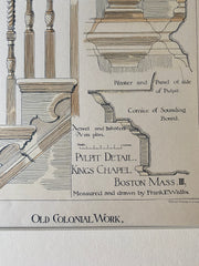 Kings Chapel, Pulpit Details, Boston, MA, 1886, Hand Colored Originall -